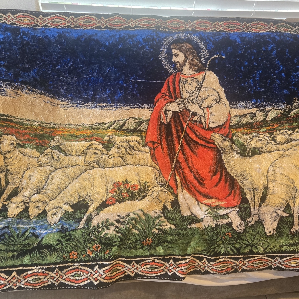 Religious Tapestry Wall Art with Red and Blue Accents
